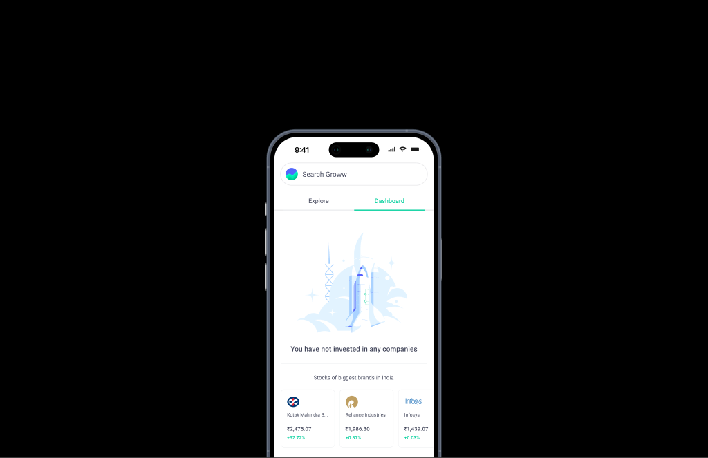Groww.in landing illustration — dashboard rocket scene on iPhone preview