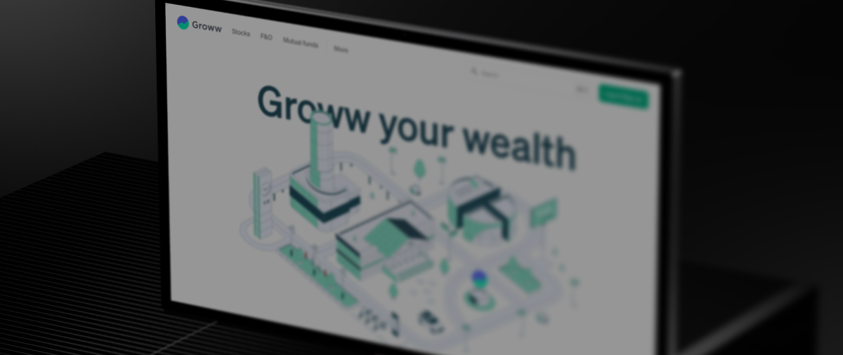 Groww Landing Illustration — desktop mockup showing the Growwverse cityscape on groww.in