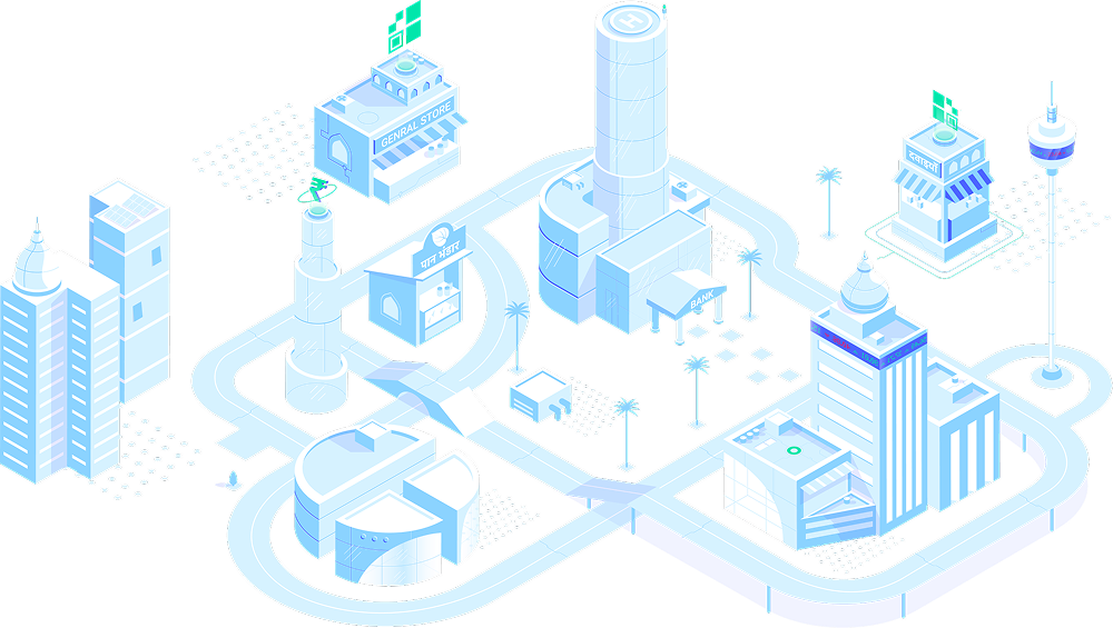 The old Groww landing illustration — isometric cityscape in light blue