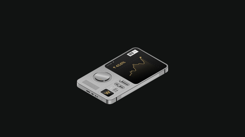 W by Groww illustration system — silver isometric device with gold chart preview