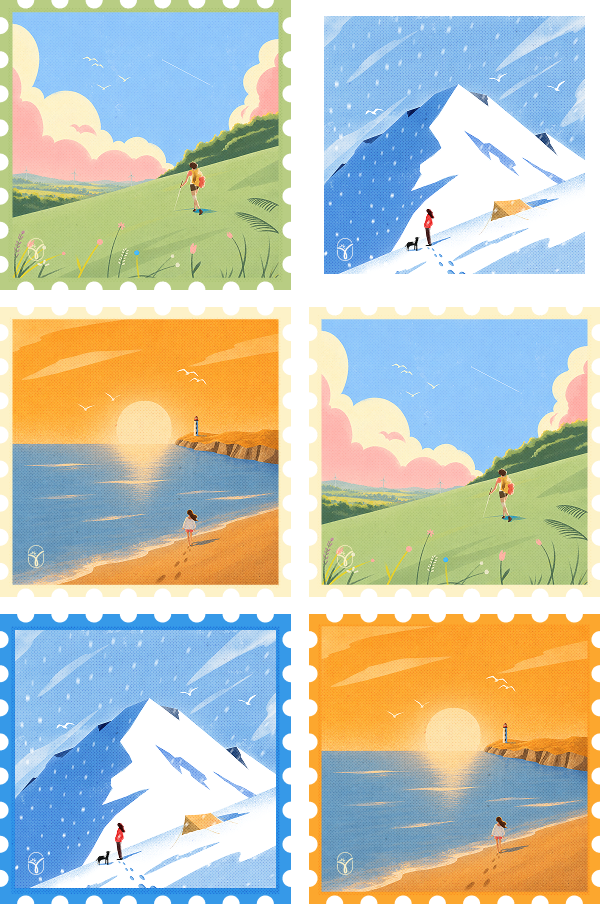 Sairoo seasonal illustration set — six postage stamps of summer, winter and spring scenes