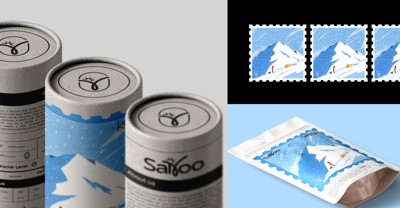 Sairoo Kadak winter packaging in context — tubes, stamps and pouch