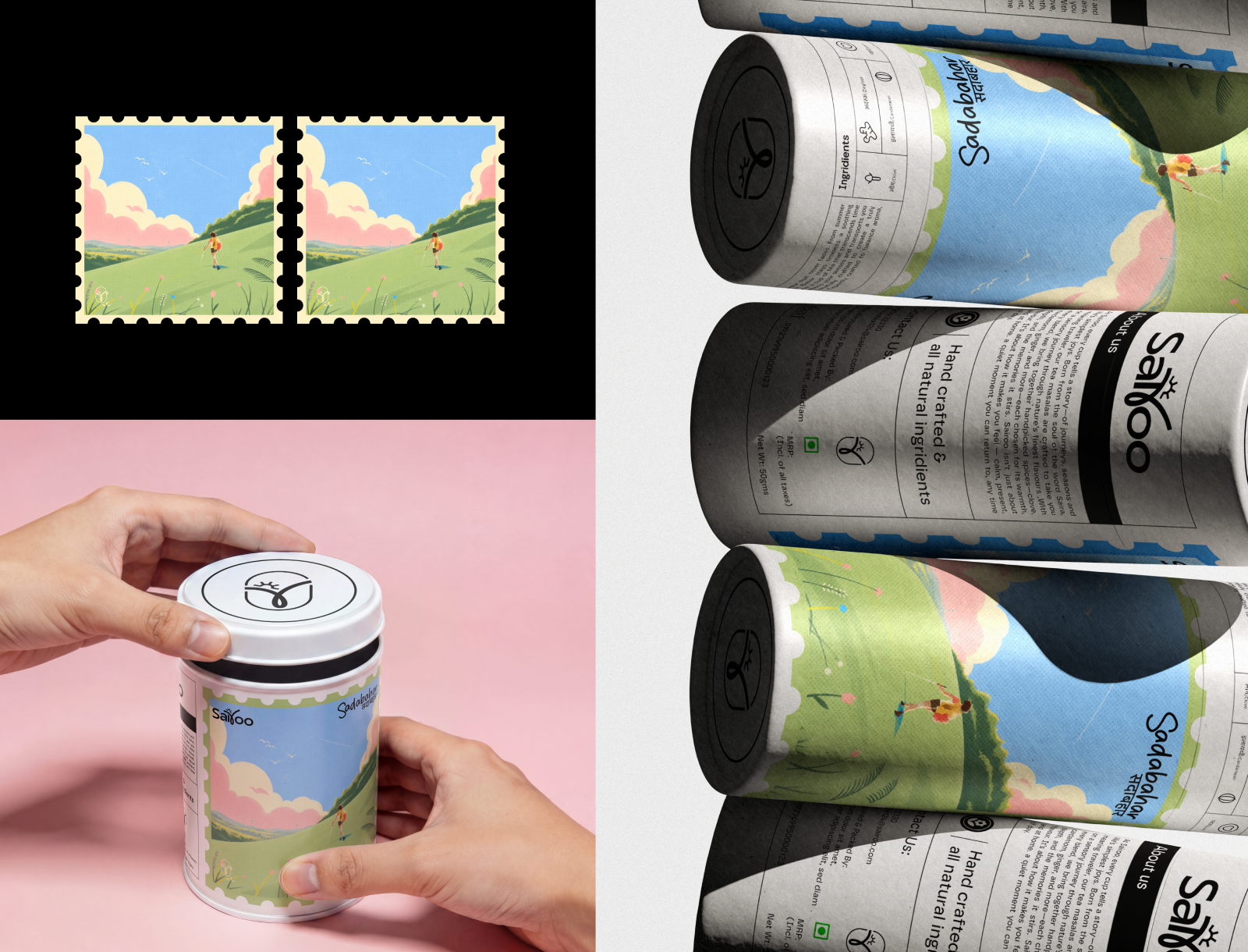 Sairoo Sadabahar spring packaging in context — stamps, tin and rolled labels