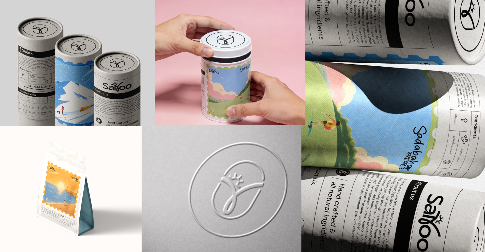 Sairoo packaging — closing collage of tubes, tin, pouch and embossed logo